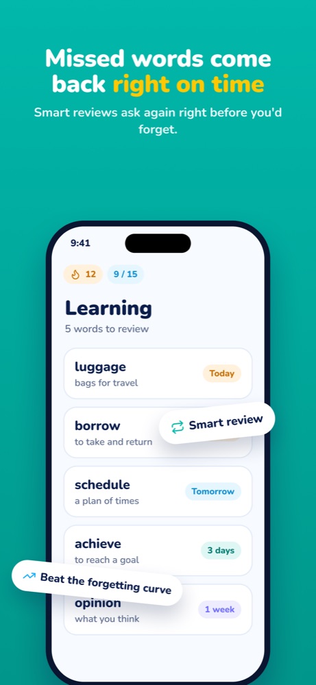 Learning list with words scheduled for review