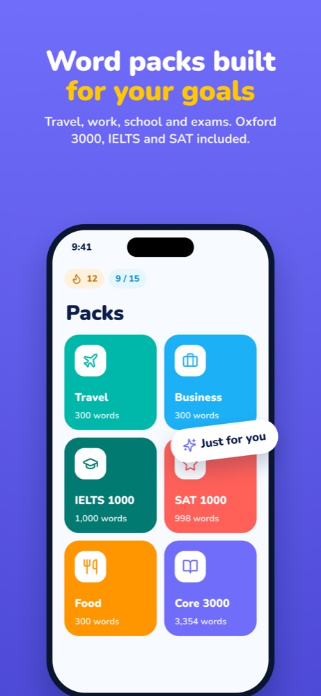 Word packs for travel, business, IELTS and SAT